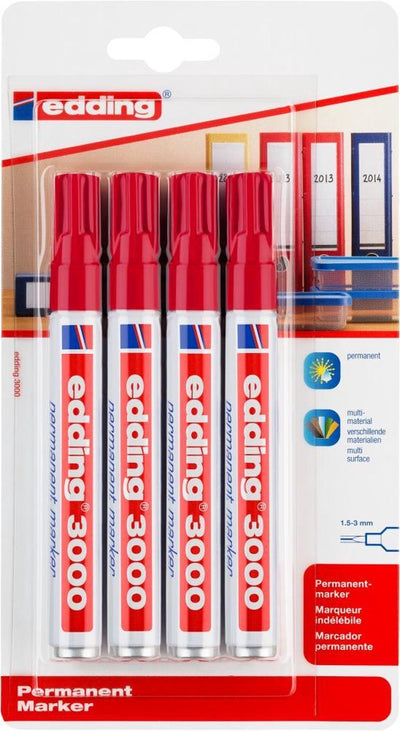 Edding 3000 Permanentmarker - Rot - 4 Marker - Rundspitze 1,5-3 mm - Wasser- und abriebfest - für Pappe, Kunststoff, Holz, Metall usw. - Alkoholmarker für Erwachsene