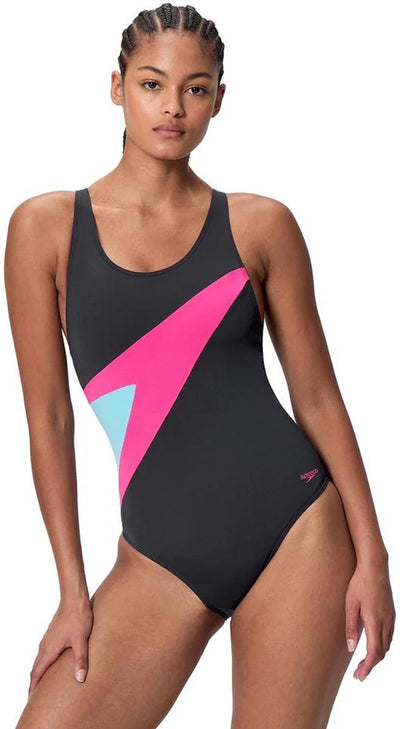 Speedo Hyperboom Butterfly Back 1-teiliger Damen-Sportbadeanzug – Schwarz-Rosa
