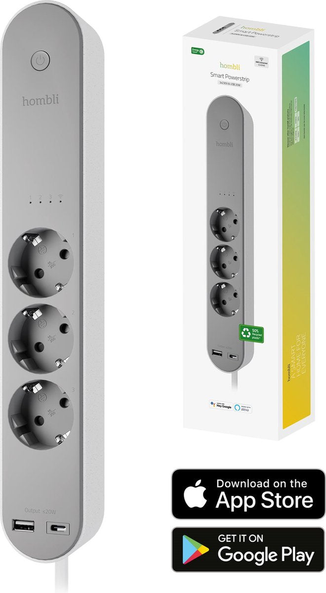 Intelligente Steckdosenleiste von Hombli – 3-fach – 1x USB 1x USB-C mit Schalter – App mit Energiemonitor-Verbrauchszähler – Überspannungsschutz – 1,5 m Kabel