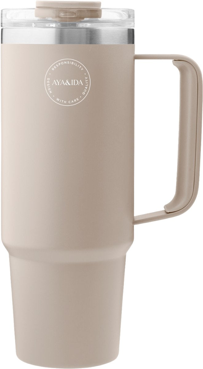 Aya ida aya ida - Thermobecher mit Strohhalm - Thermosflasche - Wasserflasche - Trinkflasche - to go - 885ml - Cremebeige