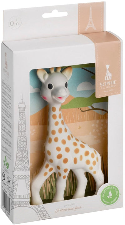Sophie die Giraffe – Beißspielzeug – Beißspielzeug – Babyspielzeug – Mutterschaftsgeschenk – Geschenk zur Babyparty – in weißer Geschenkbox mit Savannenfarben – 100 % Naturkautschuk – ab 0 Monaten