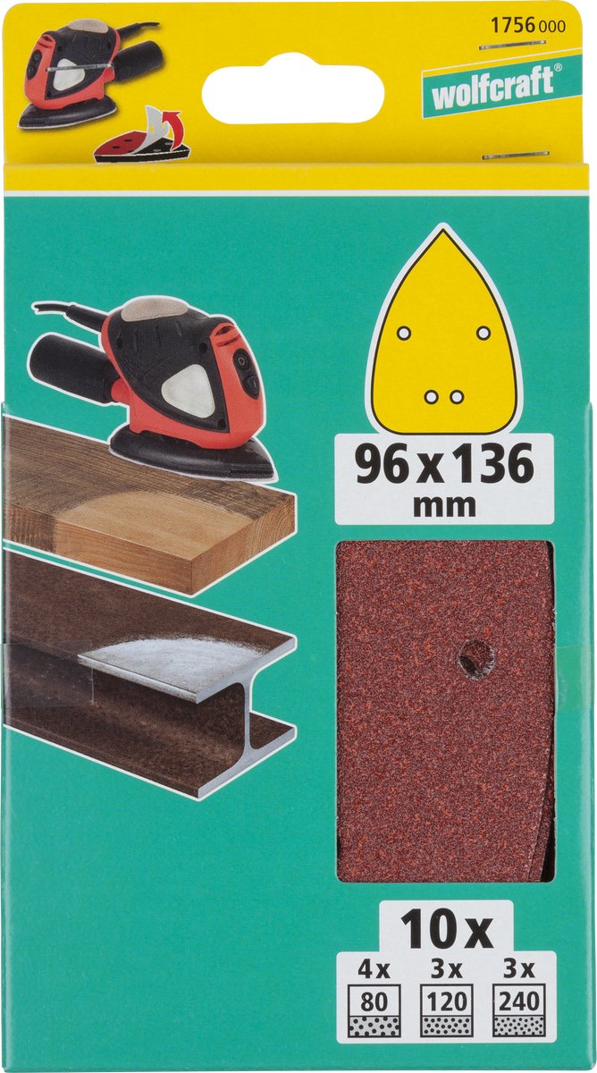 Wolfcraft – Schleifpapier – 10 Stück – für Mausschleifer-Dreieck – Körnung 80 120 240 – 1756000