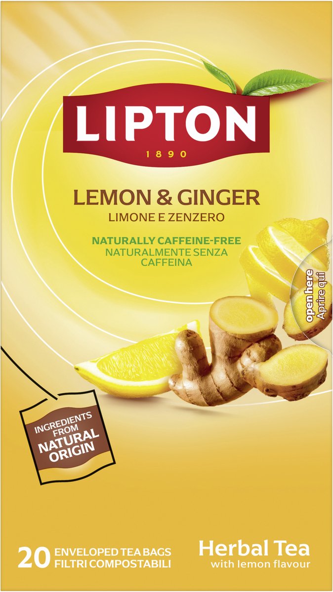 Lipton Kräutertee Zitrone Ingwer – 80 Pyramidenteebeutel – Kräutertee Zitrone Ingwer – 4 x 20 Beutel – Vorteilspackung