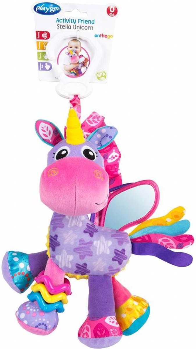 Playgro Hängespielzeug Stella Einhorn – Aktivitätsfreund Stella Einhorn – Babyspielzeug – Hängespielzeug – Kinderwagenspielzeug – Rassel – Kinderwagenzubehör – Kinderwagenzubehör – Lernspielzeug – Stofftier