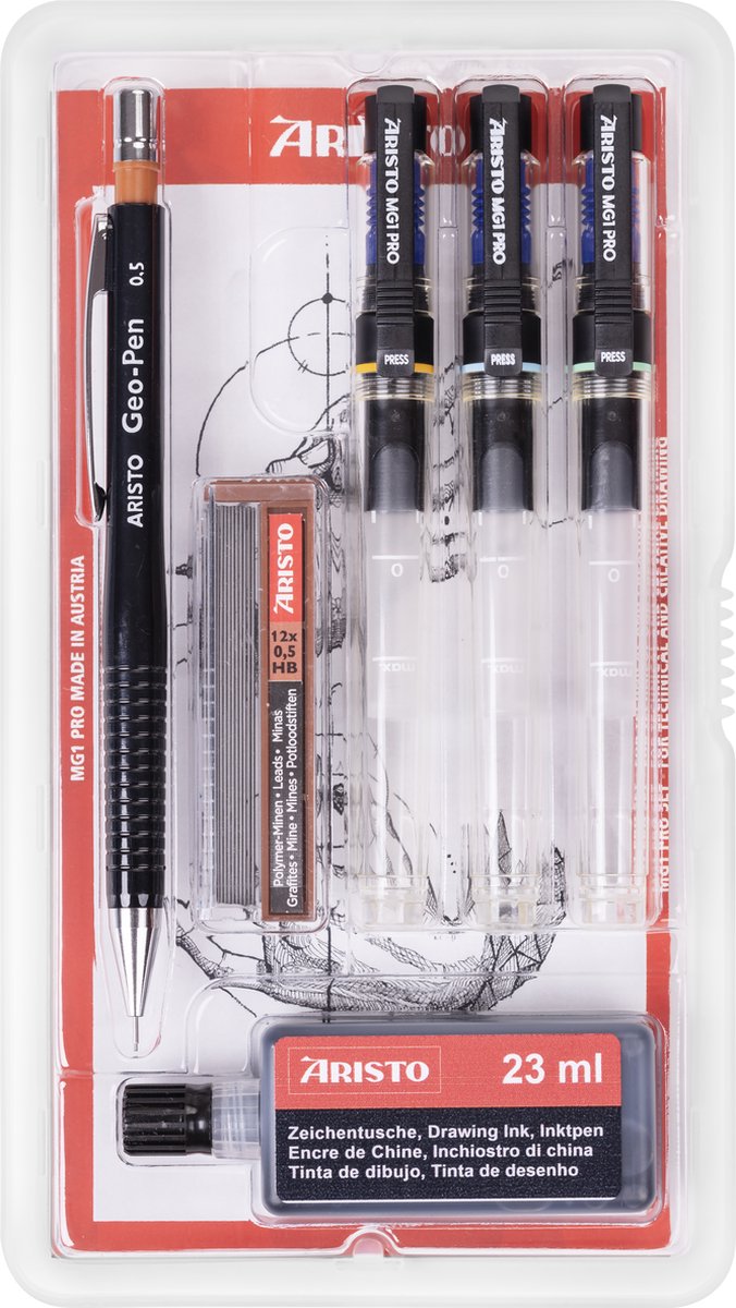 Aristo Zeichenstift – Pro College – 6er-Set – Strichstärke 0,25 0,50 0,70 mm – Flasche 23 ml Tinte – Zeichenstift – Bleistiftminen – AR-64310