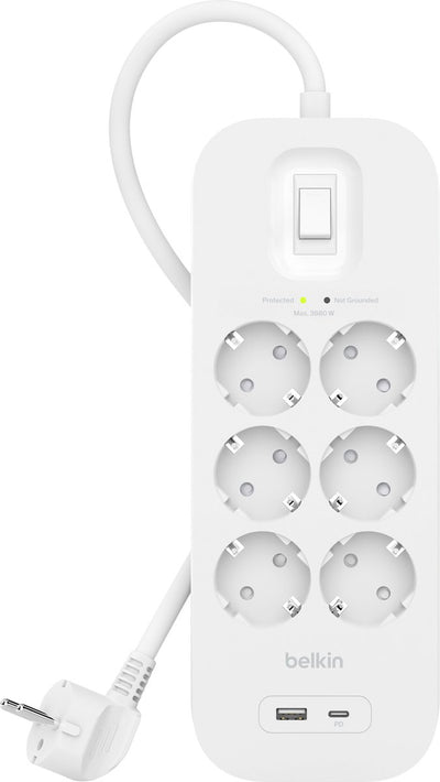 Belkin Überspannungsschutz mit 6 Steckdosen, weiß, 2 m (USB-C + USB-A), belgische Verwendung