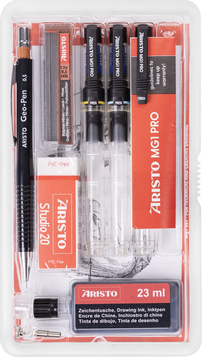 Aristo Zeichenstift – Pro Studio – Set 8-teilig – Strichstärke 0,20 0,35 0,70 mm – Flasche 23 ml Tinte – Zeichenstift – Bleistiftminen – Radiergummi – Stiftadapter – AR-64151