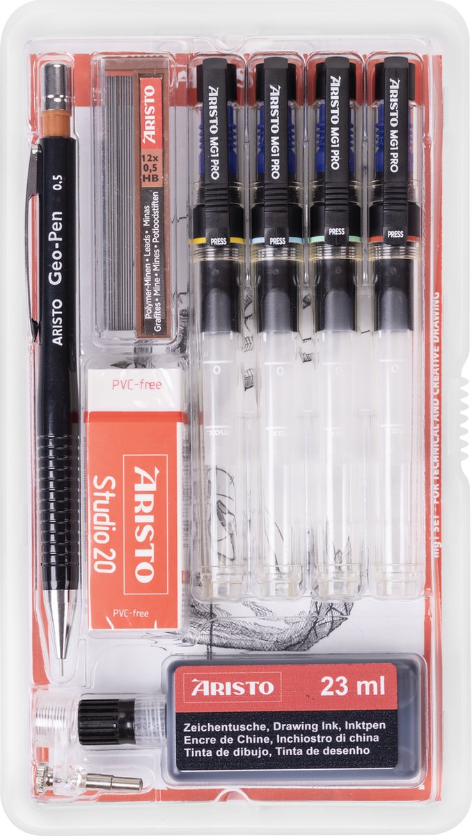 Aristo Zeichenstift – Pro Studio – Set 9-teilig – Strichstärke 0,13 0,40 0,60 0,80 mm – Flasche 23 ml Tinte – Zeichenstift – Bleistiftminen – Radiergummi – Stiftadapter – AR-64159
