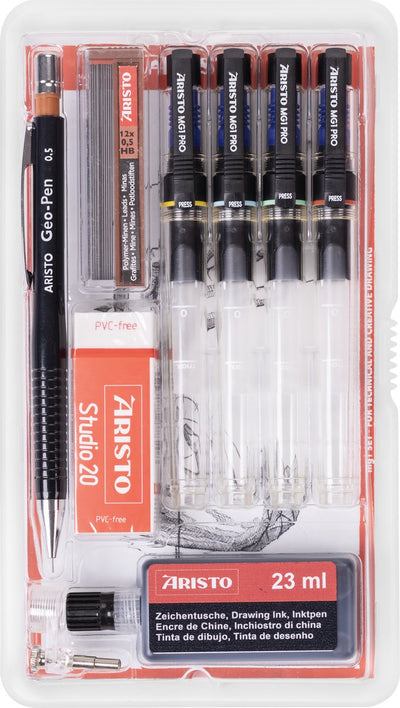 Aristo Zeichenstift – Pro Studio – Set 9-teilig – Strichstärke 0,13 0,40 0,60 0,80 mm – Flasche 23 ml Tinte – Zeichenstift – Bleistiftminen – Radiergummi – Stiftadapter – AR-64159
