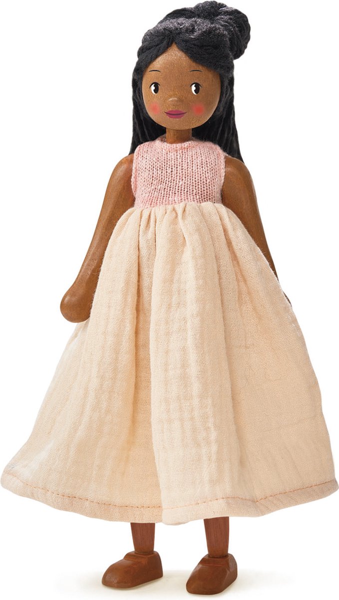 Zarte Blattpuppe Lola – Babypuppe aus Holz mit flexiblem Körper und langen Haaren.
