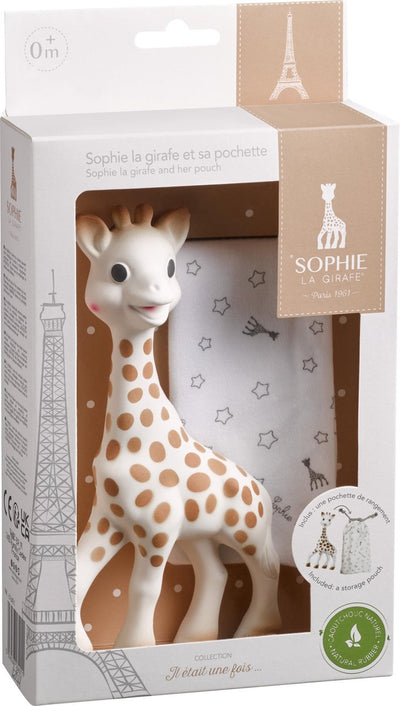 Sophie die Giraffe – Beißspielzeug – Beißspielzeug – Babyspielzeug – Mutterschaftsgeschenk – Geschenk zur Babyparty – in weißer Geschenkbox – 100 % Naturkautschuk – ab 0 Monaten – 18 cm – beigebraun – mit Aufbewahrungstasche