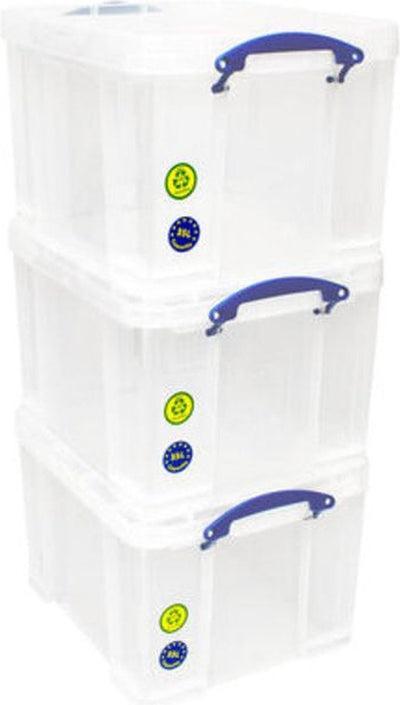 Wirklich nützliche Aufbewahrungsbox, 35 Liter, Packung mit 3 Boxen, 480 x 390 x 310 mm, transparent.