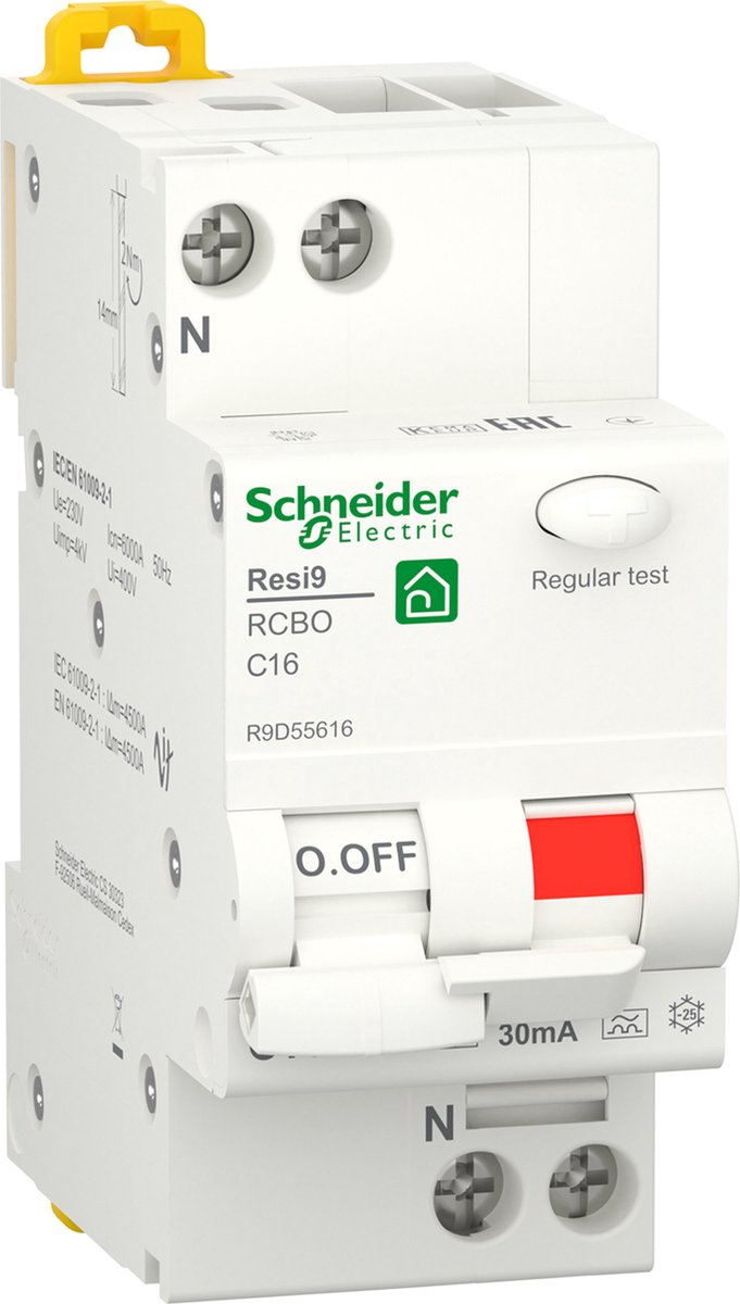 Schneider Electric Resi9 – Fehlerstromschutzschalter – 1p+n – 16a – C-Charakteristik – 6000a – 30ma – Typ A