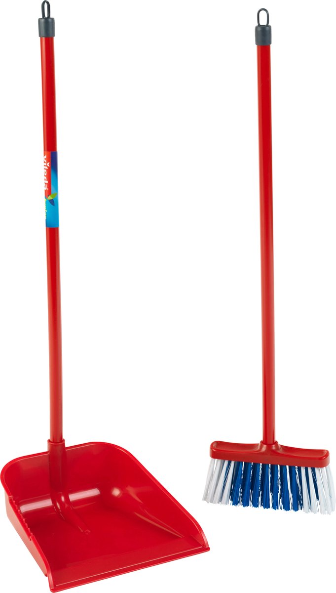 Klein Toys Vileda Kehrschaufel und Kehrschaufel mit langem Stiel – 56 cm langer Stiel – 55,5 cm langer Besen – rot blau