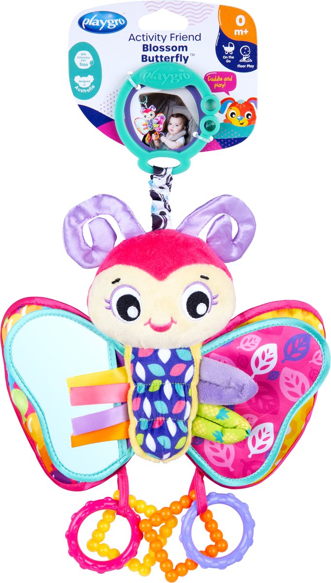 Playgro Aktivitätsfreund Blütenschmetterling – Babyspielzeug – Hängespielzeug – Kinderwagenspielzeug – Rassel – Kinderwagenzubehör – Kinderwagenzubehör – Lernspielzeug – Stofftier