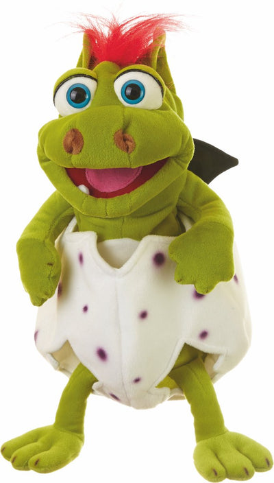 Lebende Puppen Kleiner Gregor im Ei | Handpuppe Drache 36 cm | Klappmaulprinzip | für Kinder und Erwachsene geeignet | Handöffnung unten, Puppe kann durch das Ei gespielt werden