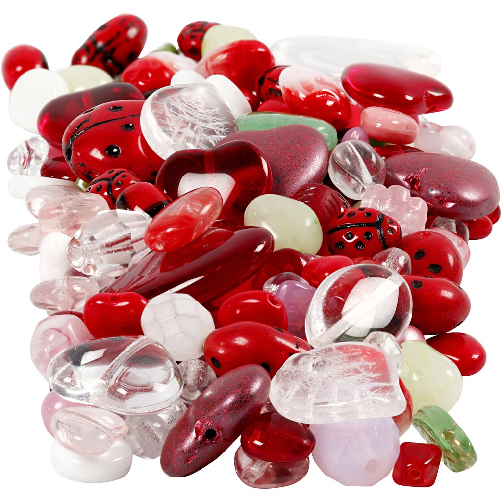 Creativ Company Glasperlen, Marienkäfer, Blätter, Herzen, D 5-22 mm, Lochgröße 0,5-1,5 mm, verschiedene Farben, 350 gr 1 Box