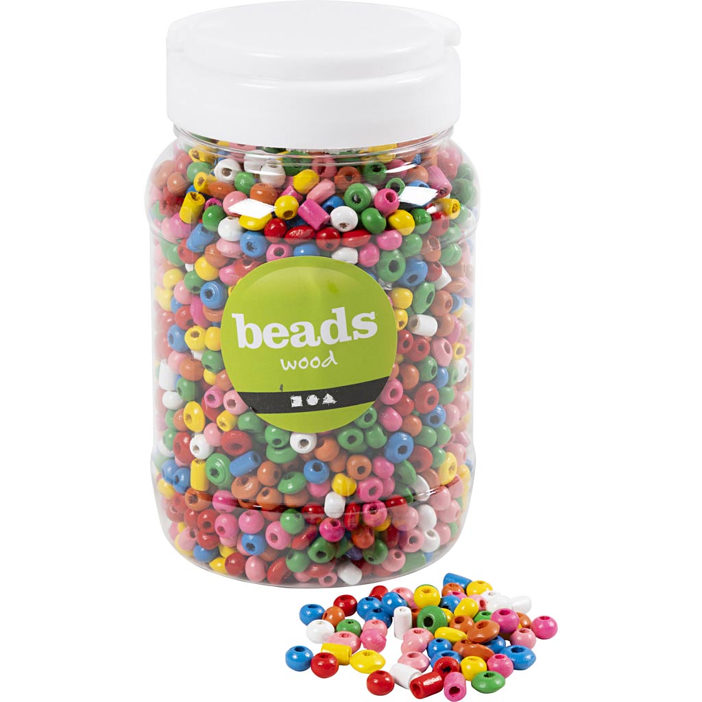 Creativ Company Holzperlen, D 5-8 mm, Lochgröße 1,5 mm, ca. 2170 Stück, verschiedene Farben, 175 gr, 400 ml 1 Eimer
