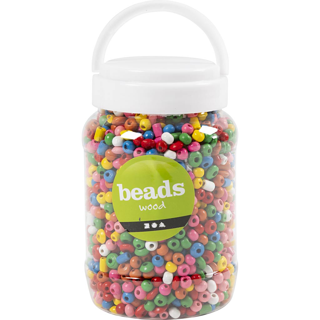 Creativ Company Holzperlen, D 5-8 mm, Lochgröße 1,5 mm, ca. 2170 Stück, verschiedene Farben, 175 gr, 400 ml 1 Eimer