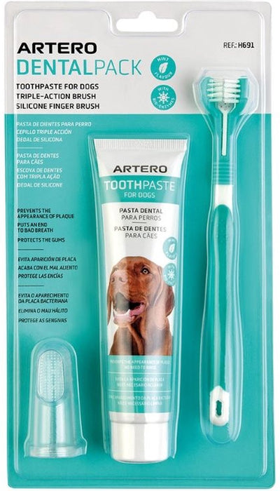 Artero Dental Pack – 3-teiliges Zahnreinigungsset für Hunde – mit Zahnbürste, Zahnpasta und Silikon-Fingerzahnbürste
