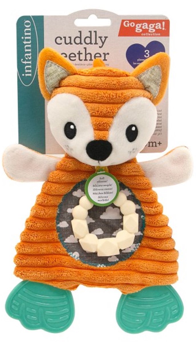 Infantino Beißspielzeug Fuchs Kuscheltier - sensorisches Babyspielzeug Orange Weiß.
