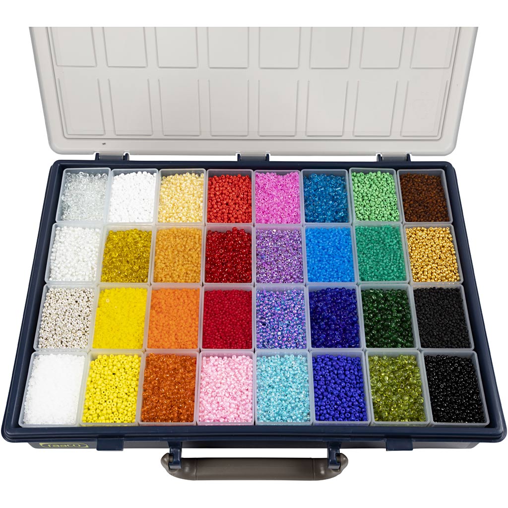 Creativ Company Rocailles, D 1,7+3+4 mm, Größe 6 0+8 0+12 0, Lochgröße 0,5-1,2 mm, Farben können variieren, 32x100 g 1 Box