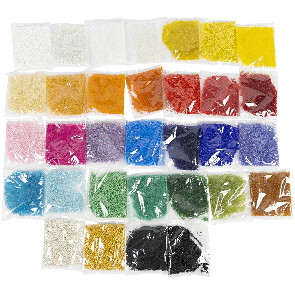 Creativ Company Rocailles, D 1,7+3+4 mm, Größe 6 0+8 0+12 0, Lochgröße 0,5-1,2 mm, Farben können variieren, 32x100 g 1 Box
