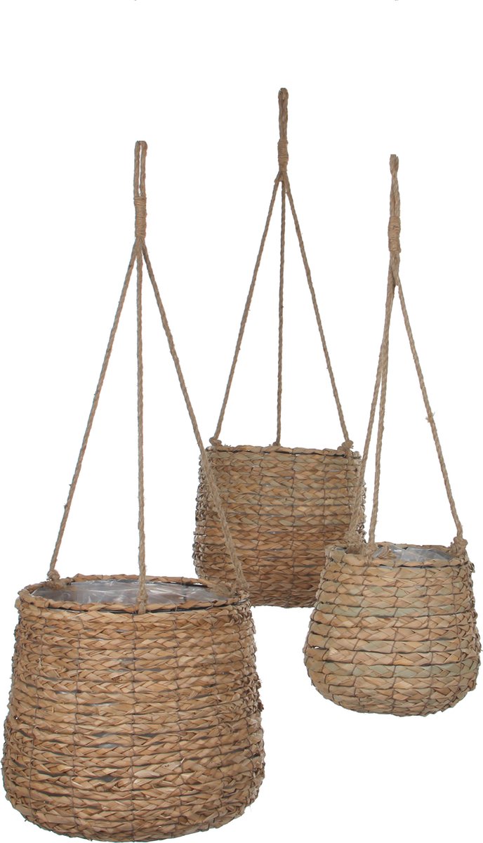 Glimmerdekorationen Avalon Hängetopf – 3er-Set – H90 x ø30 cm – Seegras – Hellbraun