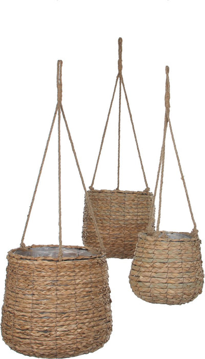 Glimmerdekorationen Avalon Hängetopf – 3er-Set – H90 x ø30 cm – Seegras – Hellbraun