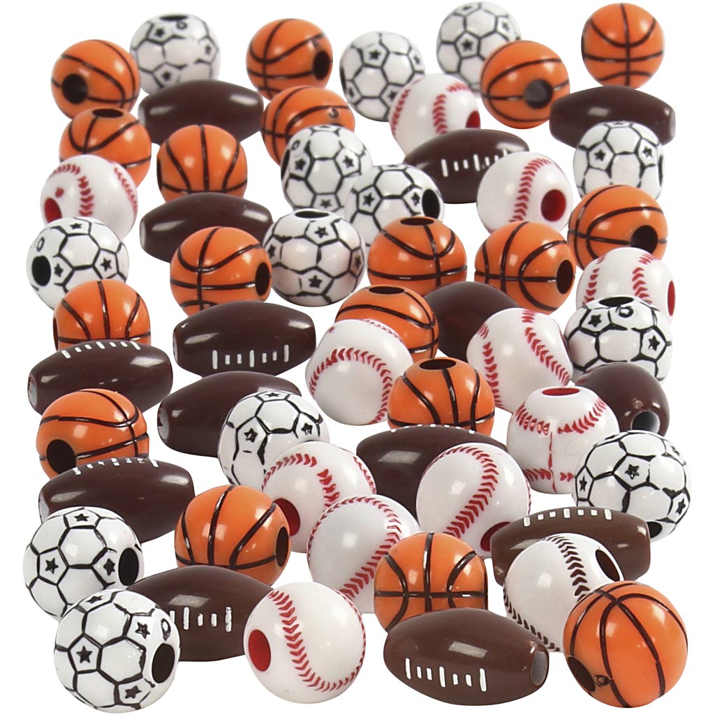 Creativ Company Sportperlen, Größe 11-15 mm, Lochgröße 3-4 mm, ca. 55 Stück, verschiedene Farben, 45 g 1 Box