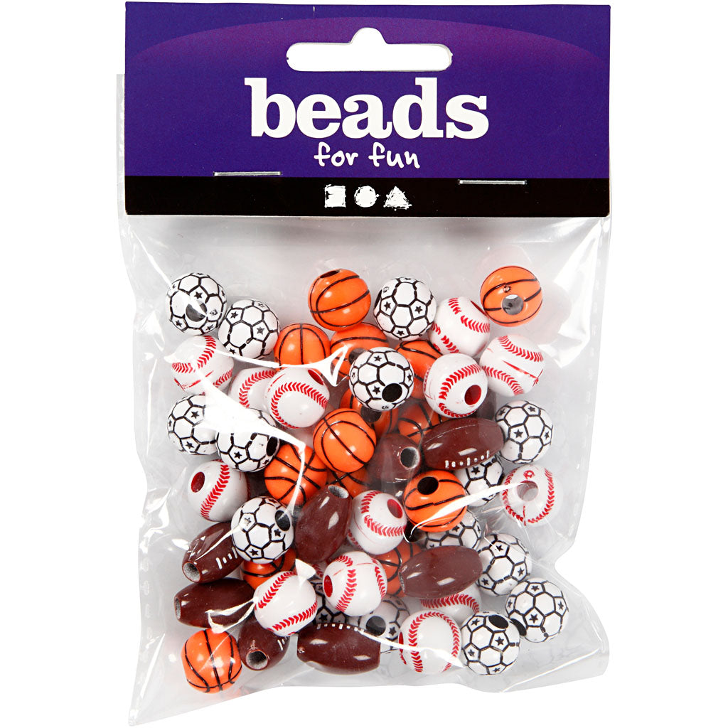 Creativ Company Sportperlen, Größe 11-15 mm, Lochgröße 3-4 mm, ca. 55 Stück, verschiedene Farben, 45 g 1 Box