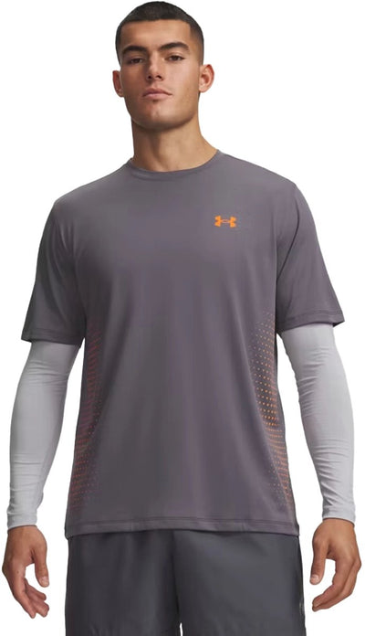 Under Armour UA Tech Play kurzärmliges graues Herren-Sportshirt – Castlerock Outrageous Orange Outrageous Orange