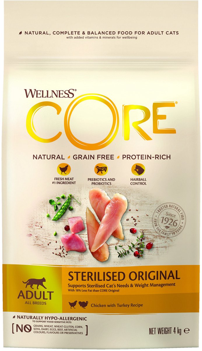 Wellness Core getreidefreies, sterilisiertes Huhn mit Truthahn für Katzen – Katzenfutter – 4 kg