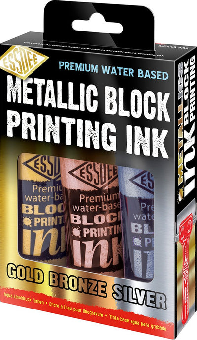 Essdee Blockdrucktinte Metallic-Set – Linolfarbe – 3 Farben – Gold, Silber, Bronze – 100 ml
