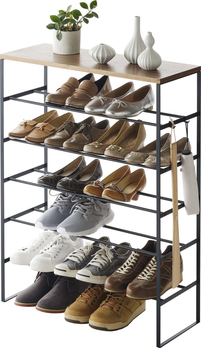 Yamazaki Schuhregal mit Holzplatte – 6 Ebenen – Turm – Schwarz