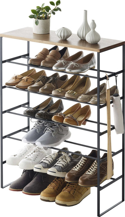 Yamazaki Schuhregal mit Holzplatte – 6 Ebenen – Turm – Schwarz
