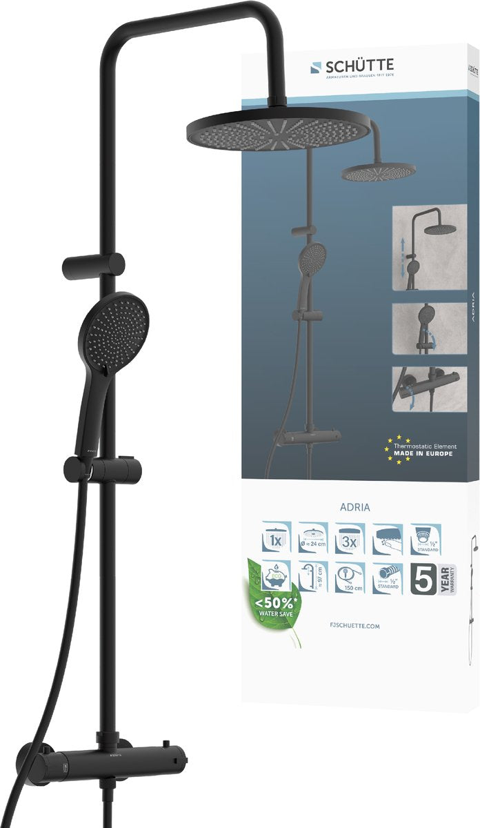 Schütte Adria Duschsystem - Regendusche - mit Thermostat-Duscharmatur - Mattschwarz