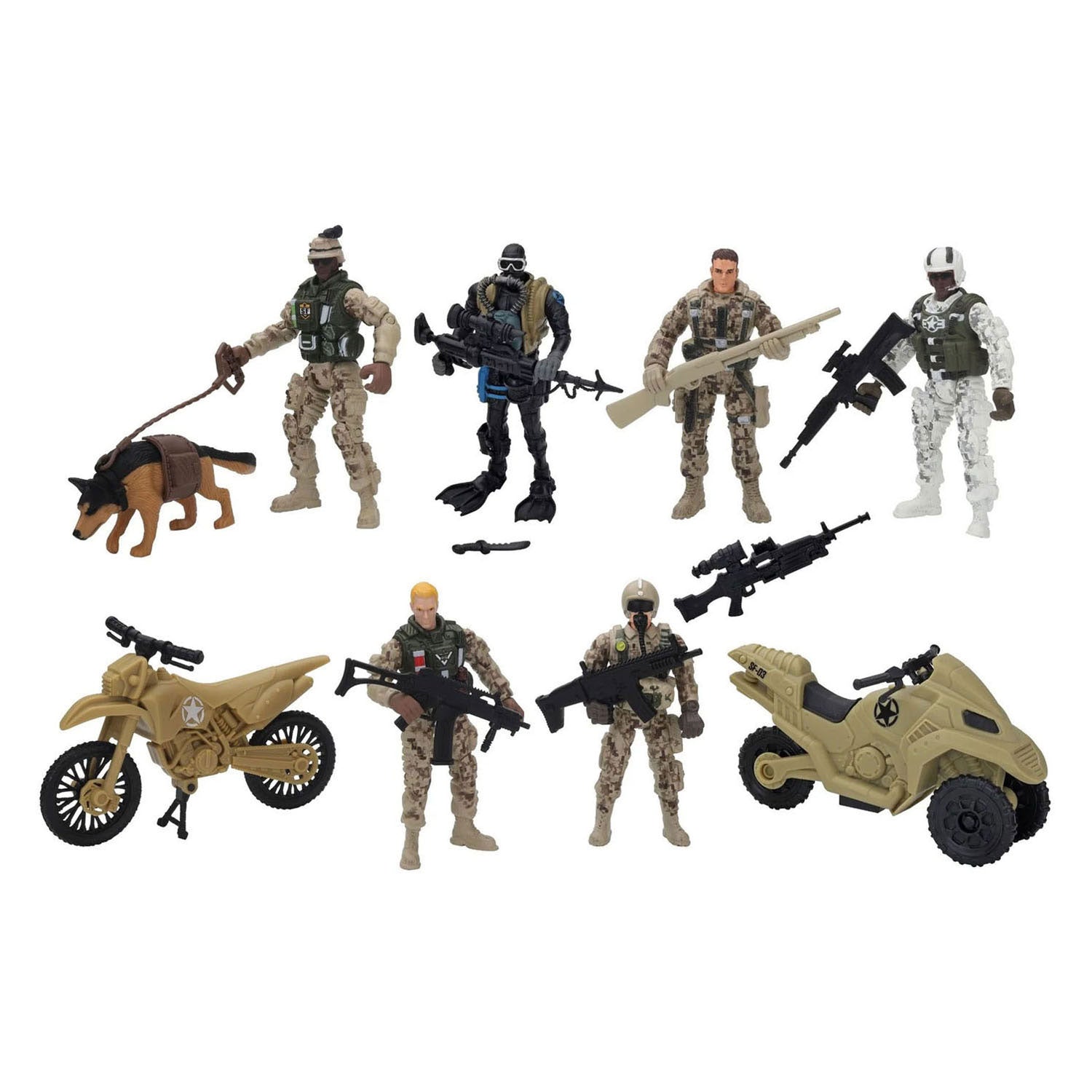 RC-Soldaten-Feindspielfiguren-Set bestehend aus 6 Soldaten, Hund und 2 Motorrädern