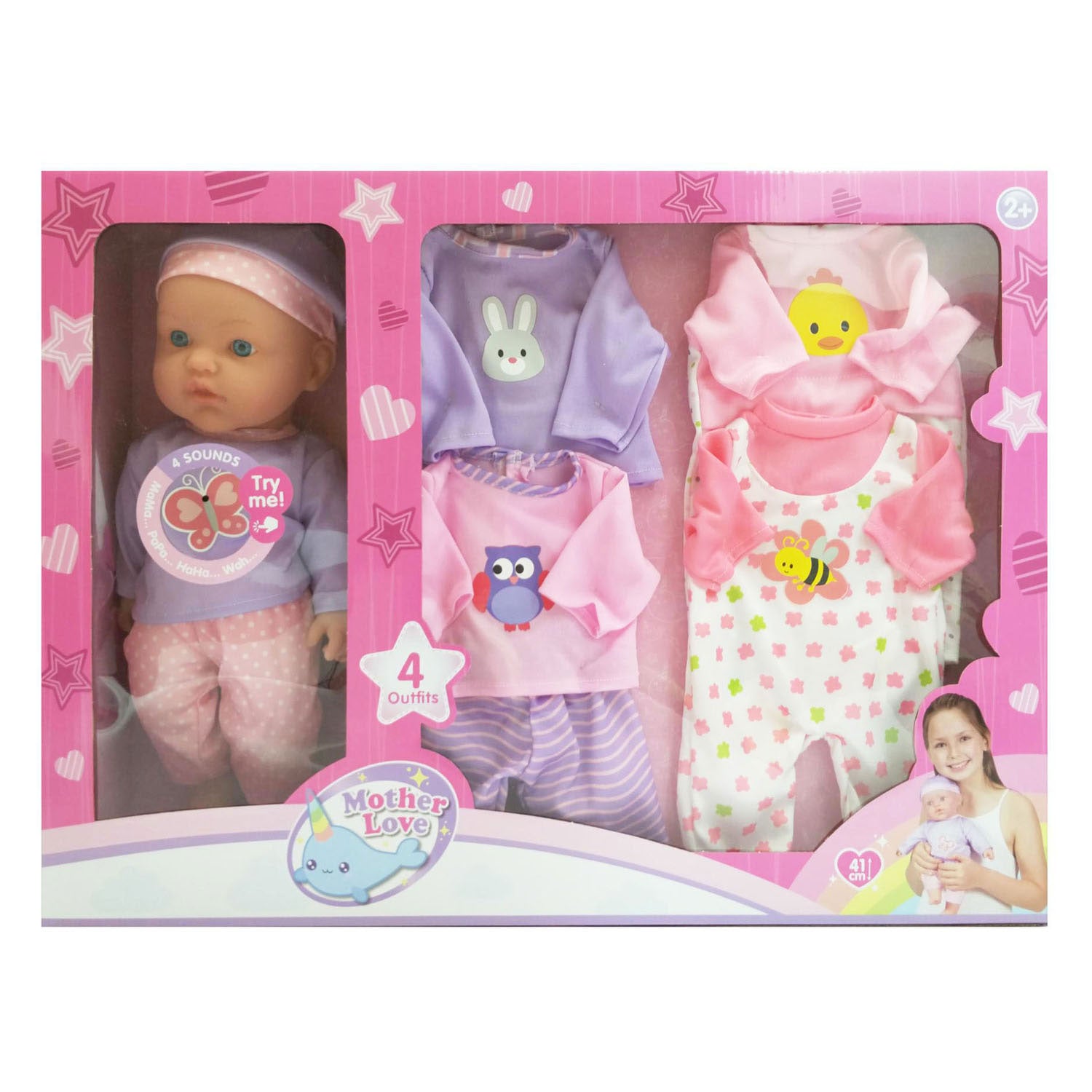 Baby doll with sounds and outfits - 41cm