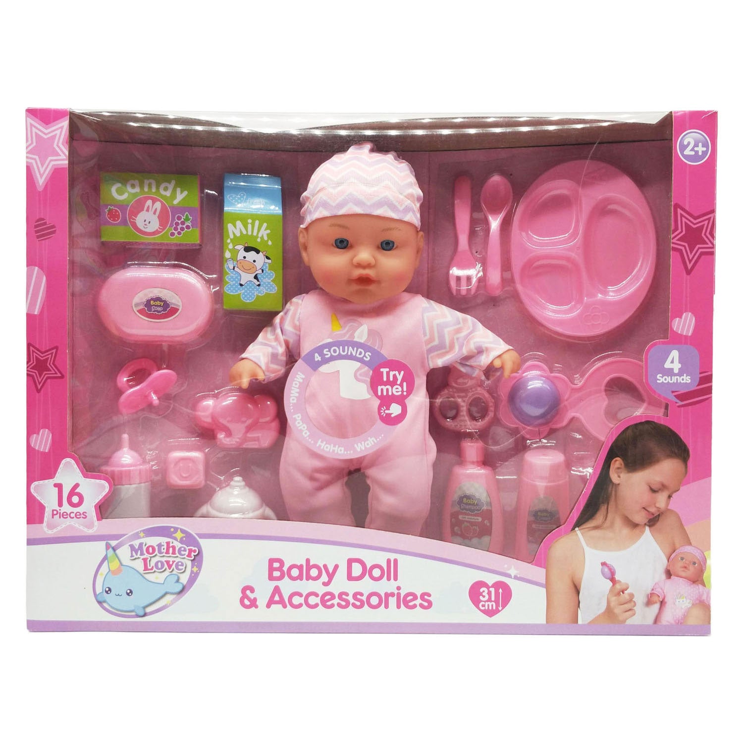Baby doll with sounds and 16 accessories - 31cm
