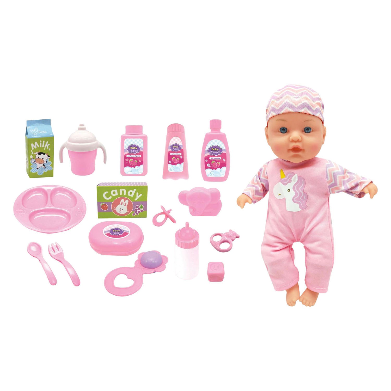 Baby doll with sounds and 16 accessories - 31cm