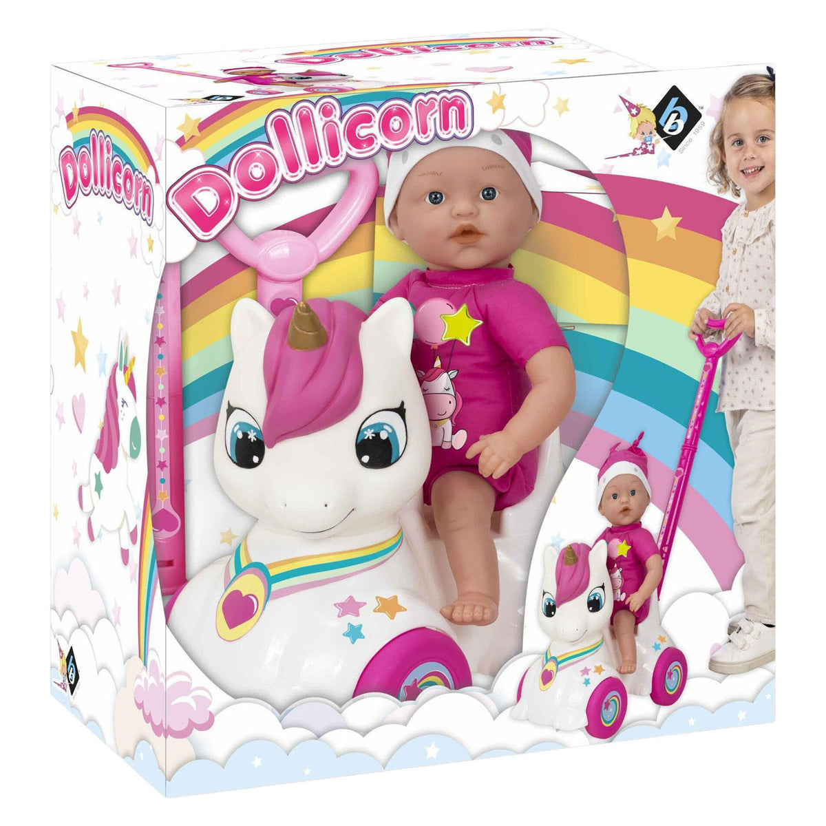 Dollicorn-Babypuppe mit Einhorn-Rutschauto – 37 cm