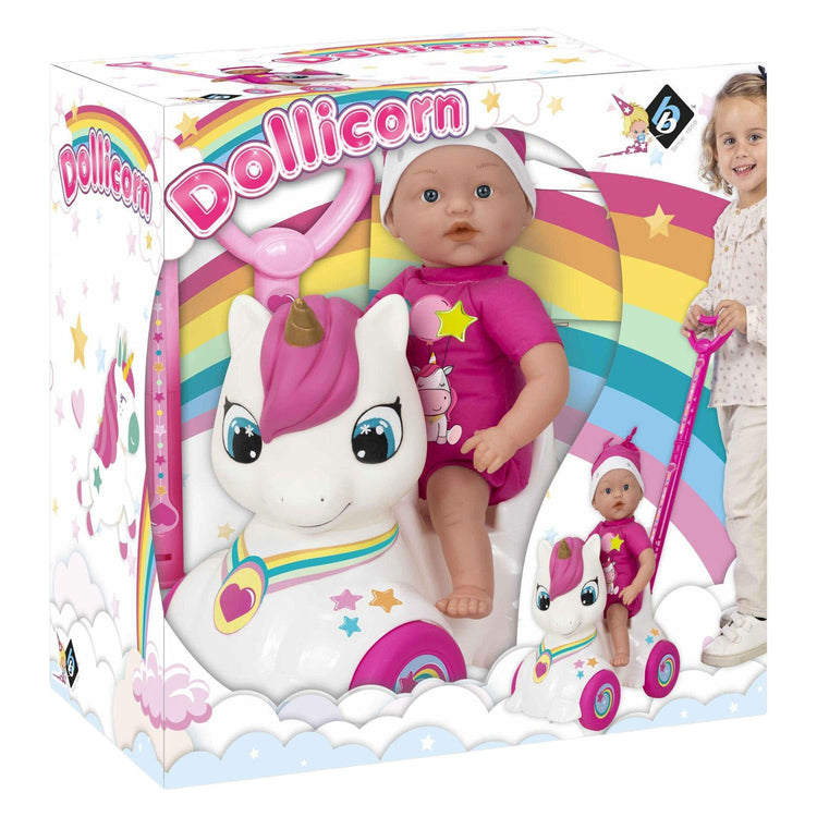 Dollicorn-Babypuppe mit Einhorn-Rutschauto – 37 cm