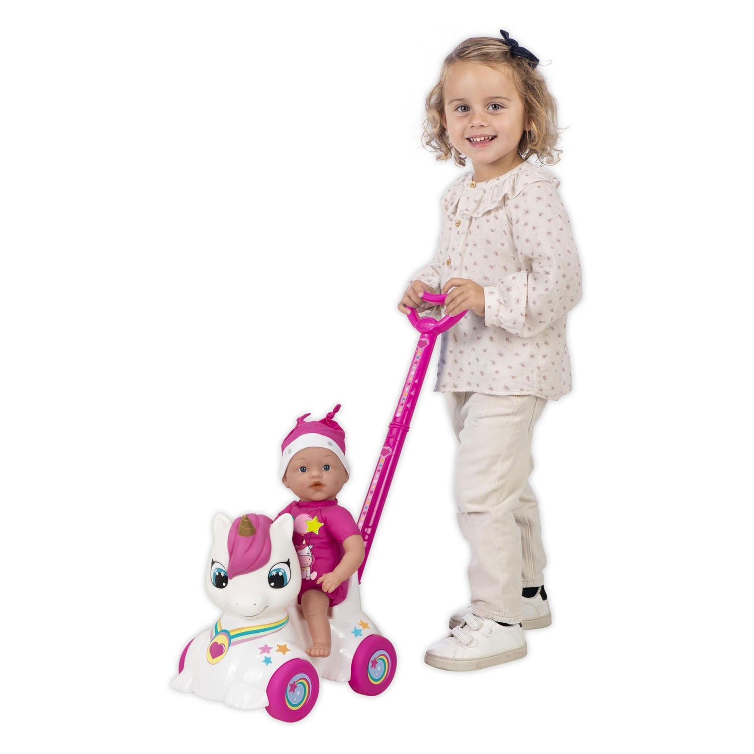 Dollicorn-Babypuppe mit Einhorn-Rutschauto – 37 cm
