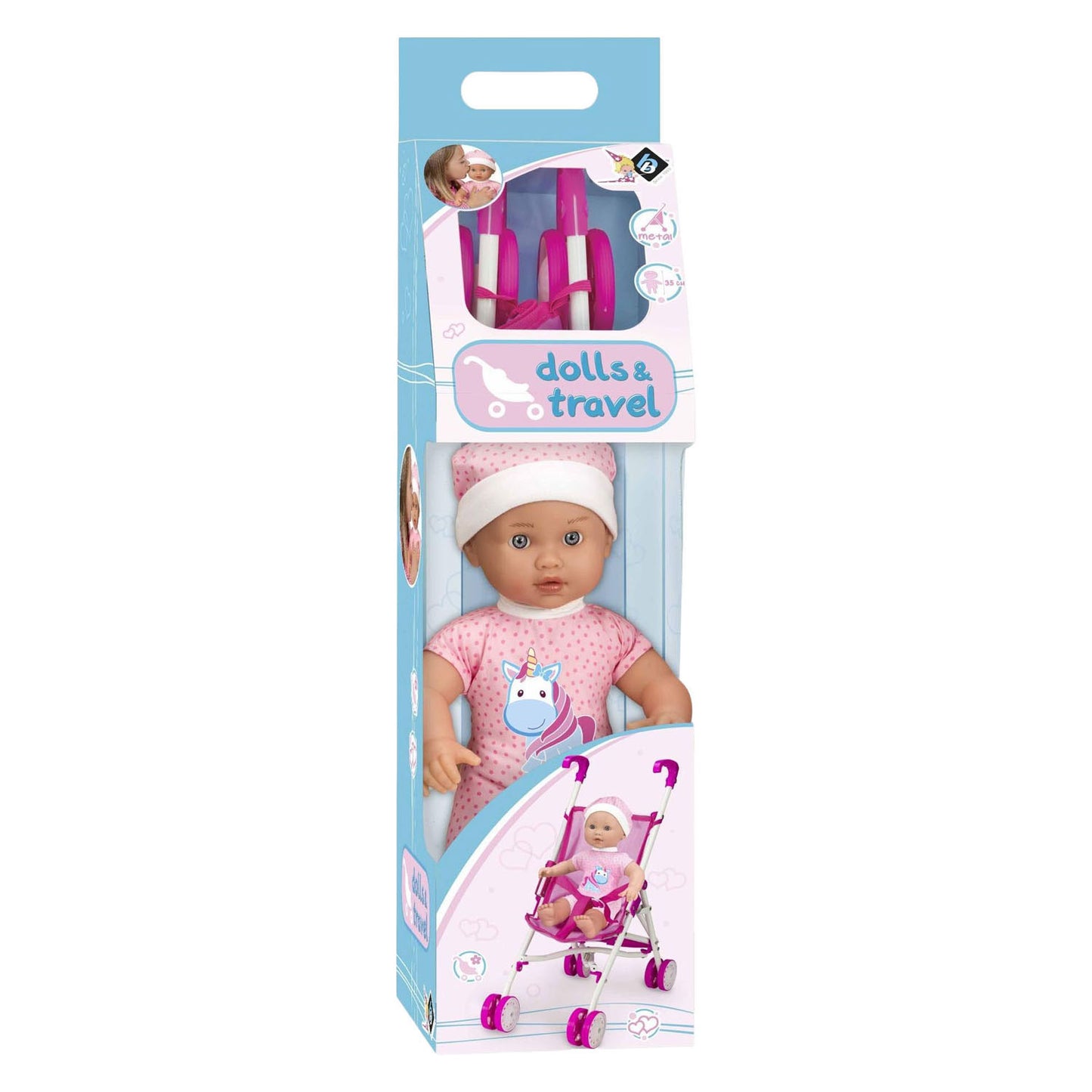 Babypuppe mit Kinderwagen – 35 cm