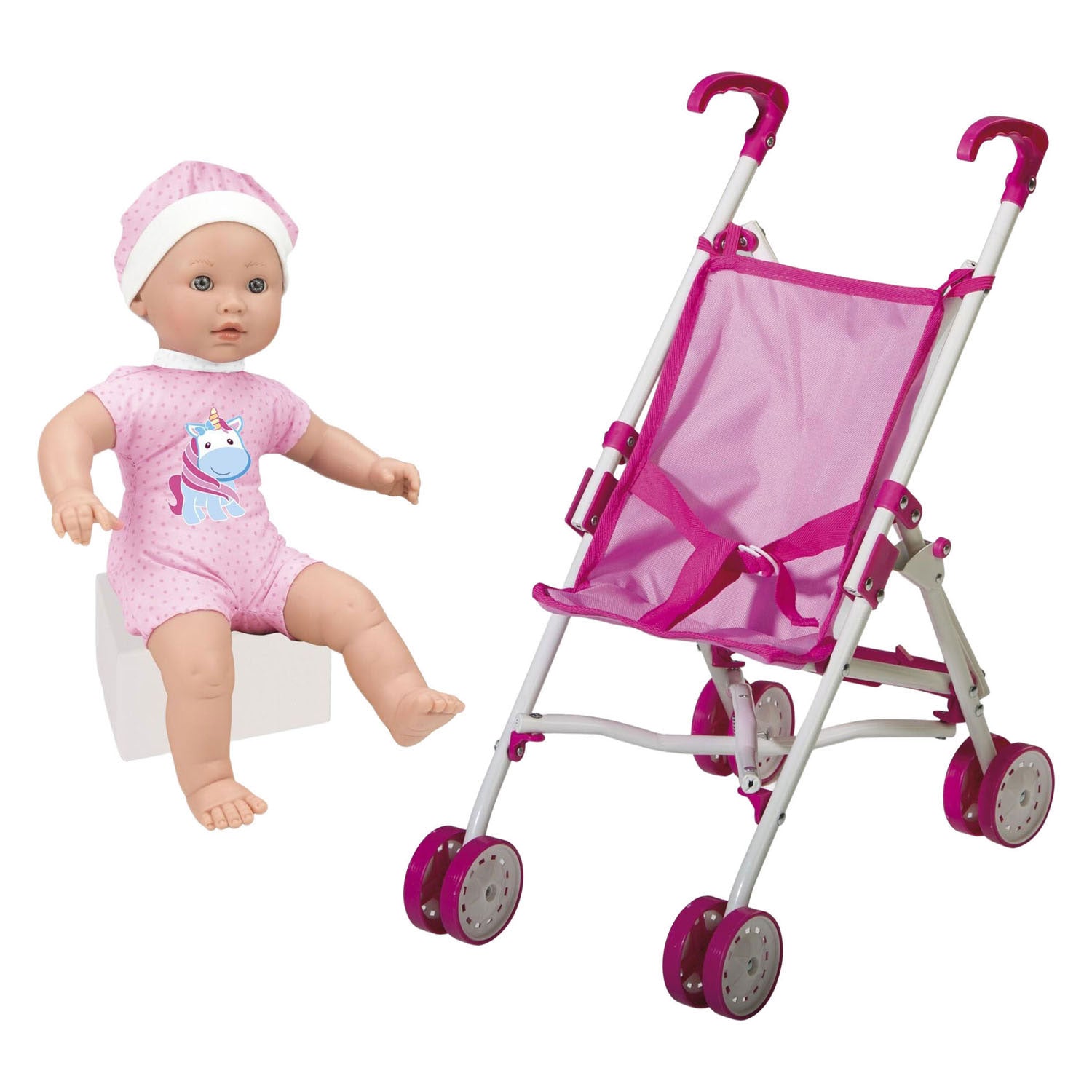 Babypuppe mit Kinderwagen – 35 cm