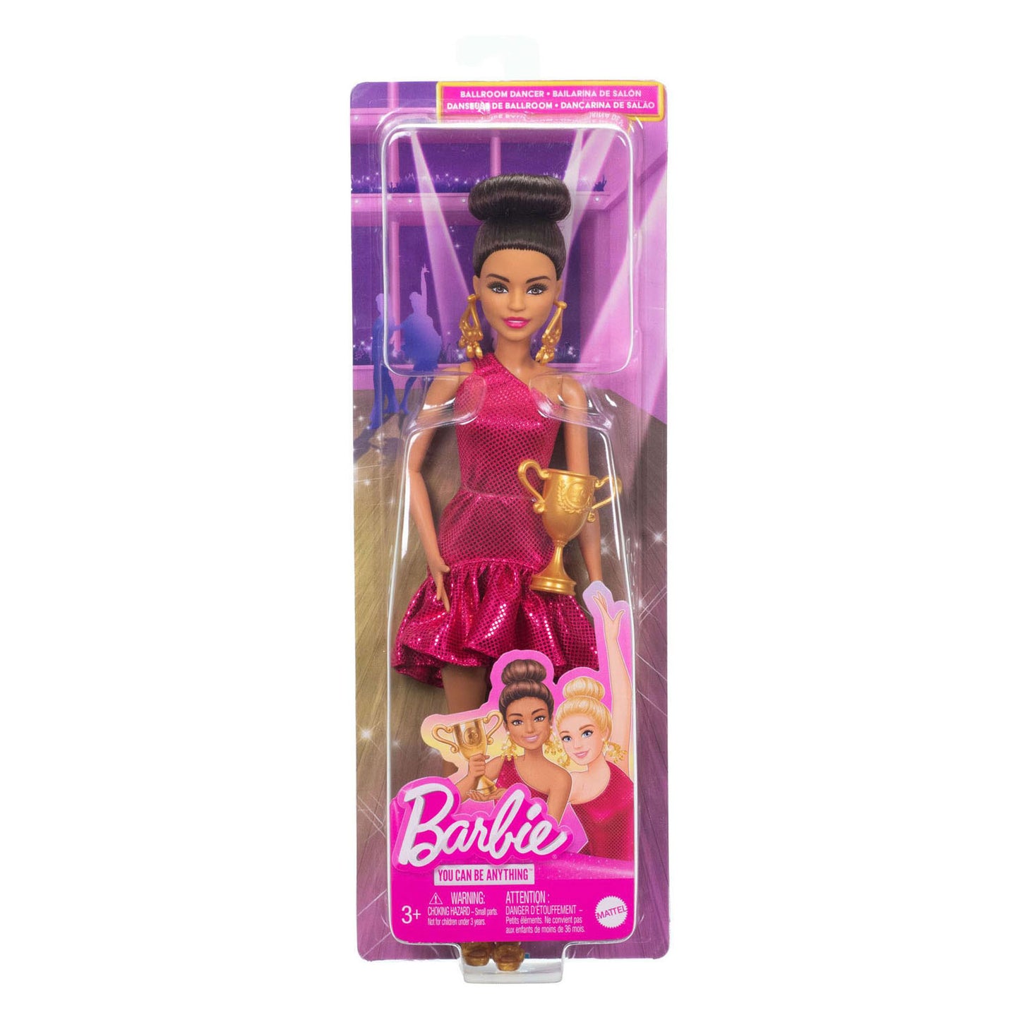 Barbie-Mattel-Gesellschaftstänzerin-Puppe mit Accessoires und goldenen Details.