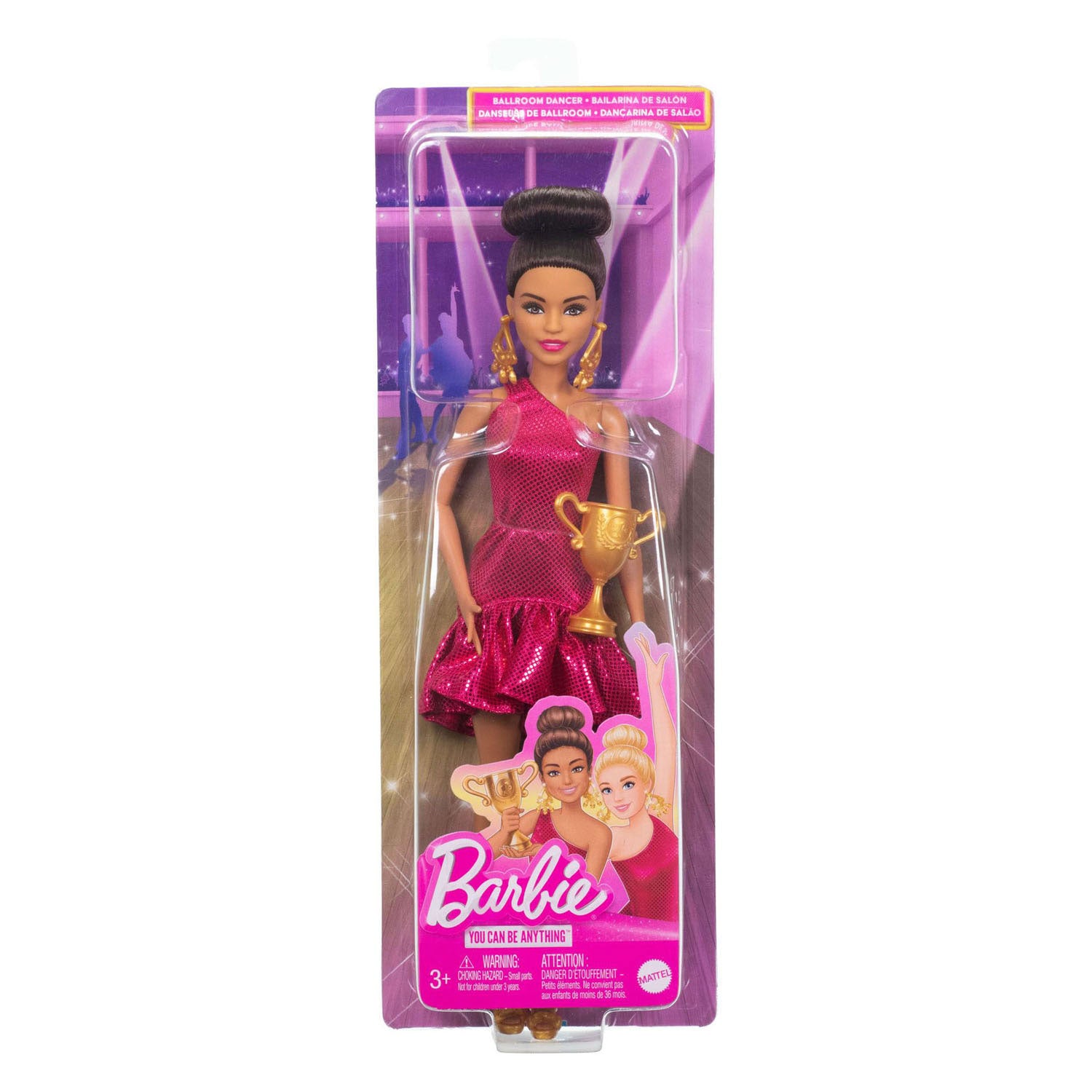 Barbie-Mattel-Gesellschaftstänzerin-Puppe mit Accessoires und goldenen Details.