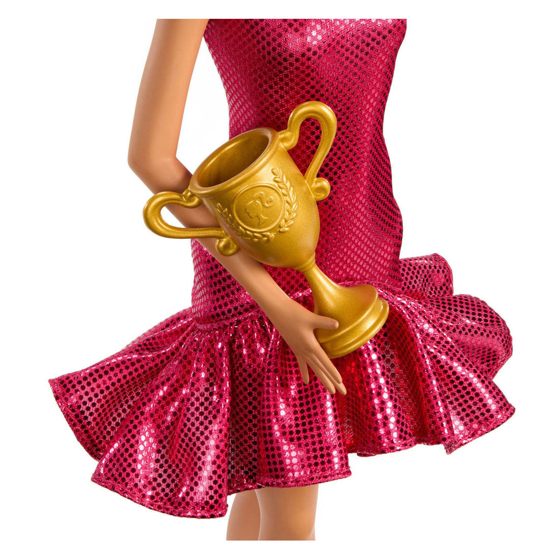 Barbie-Mattel-Gesellschaftstänzerin-Puppe mit Accessoires und goldenen Details.