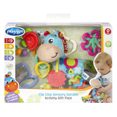 Playgro Geschenkset Clip Clop Pferd – Mutterschaftsgeschenk – Geschenkset – Hängespielzeug – 3 Beißbürsten – 3 verbundene Ringe